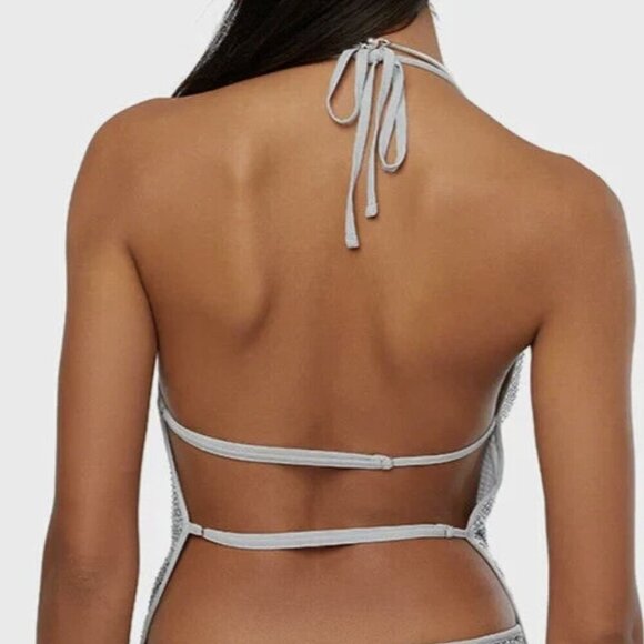 WEWOREWHAT Crystal Cowl Neck Top Crystal Mesh Silver Size M MSRP $98 NEW - Picture 3 of 10